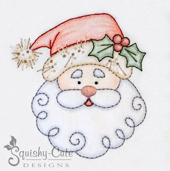 embroidery patterns, embroidery design, Santa Claus, Rudolph, reindeer, handmade ornaments, crayon tinted, embroidered ornaments